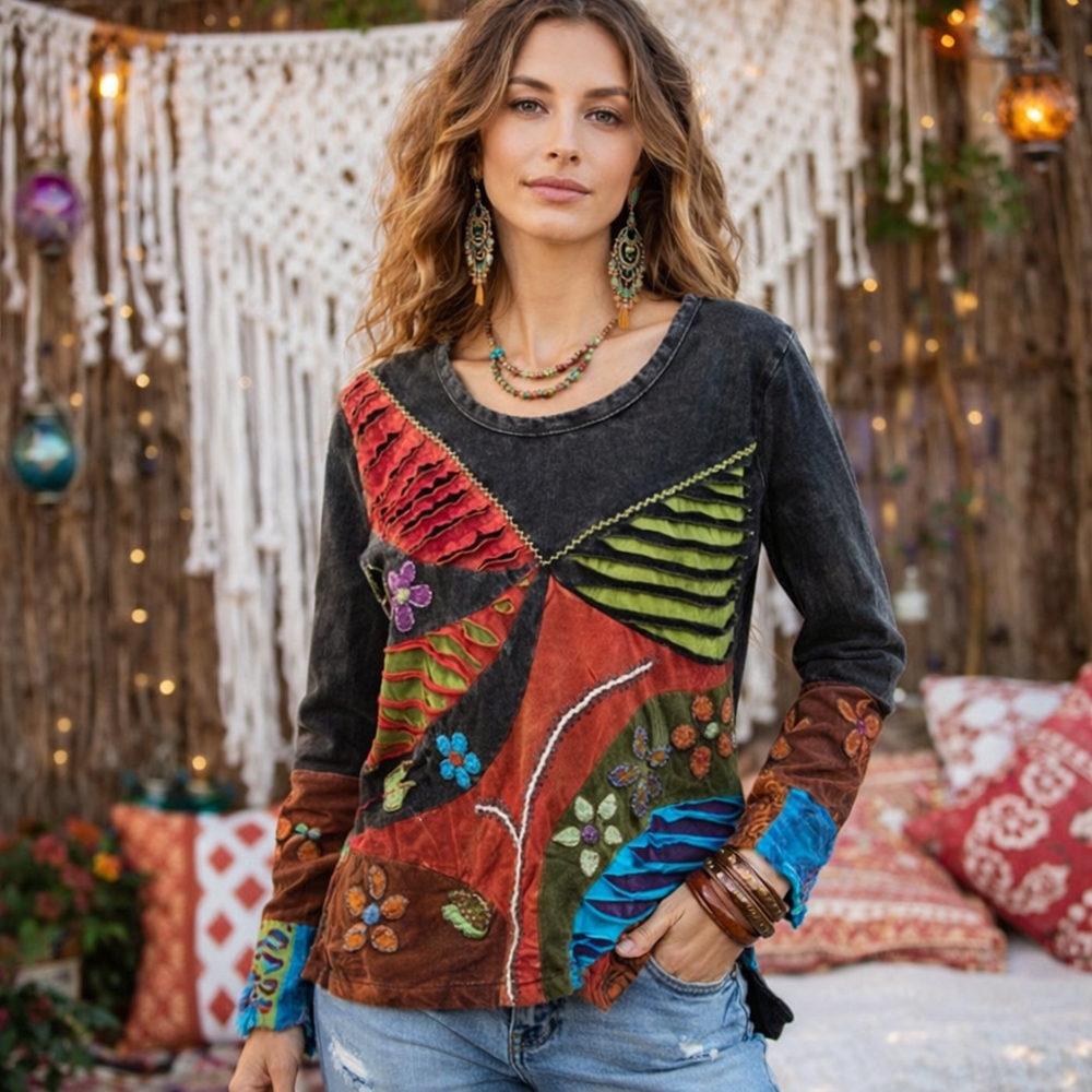 NWT Rising International 100% Cotton Y2K Patchwork Boho Embroidered Long Sleeve